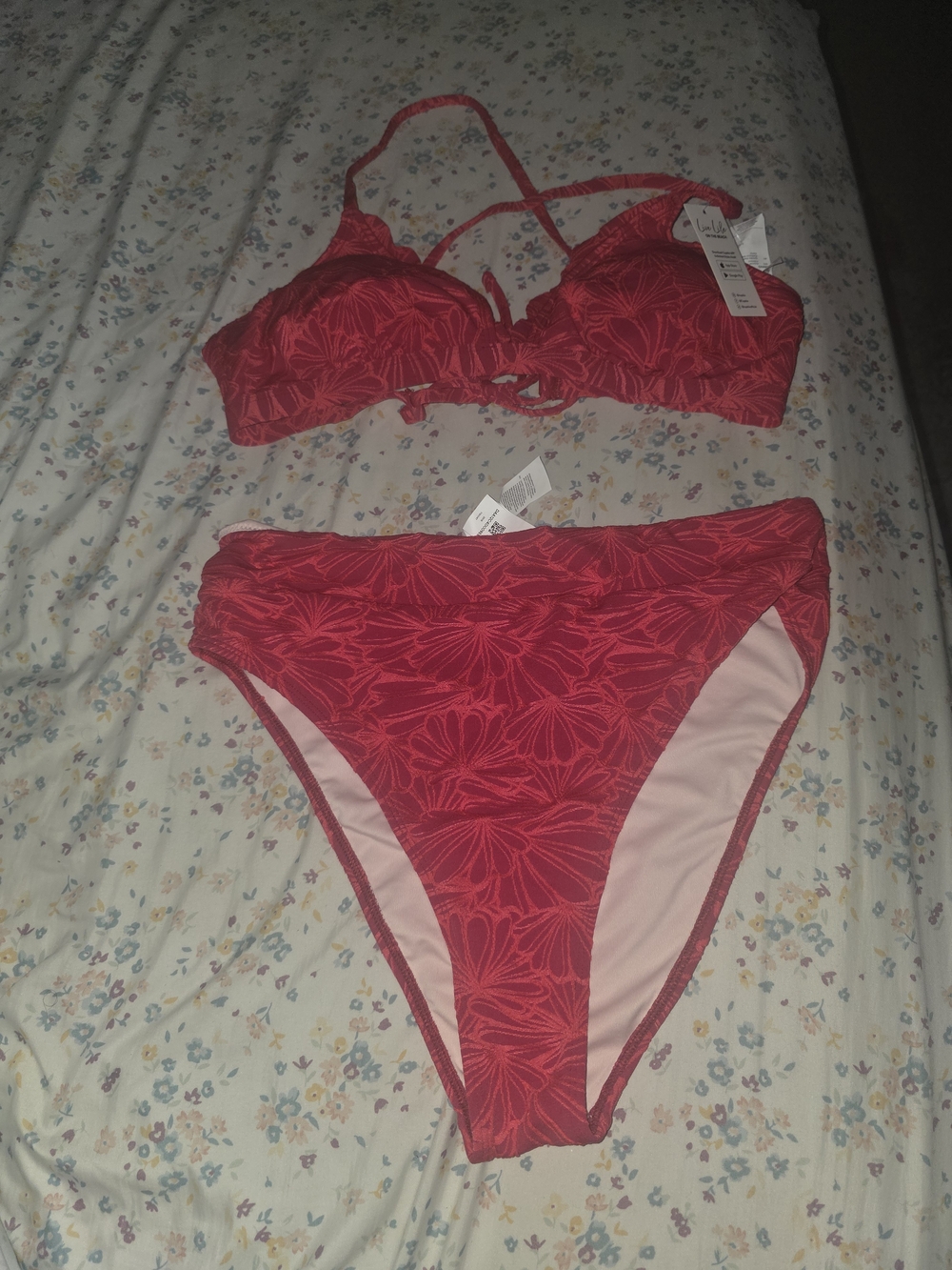 Amazon Red Floral High-Waist Bikini Set - Women Swim